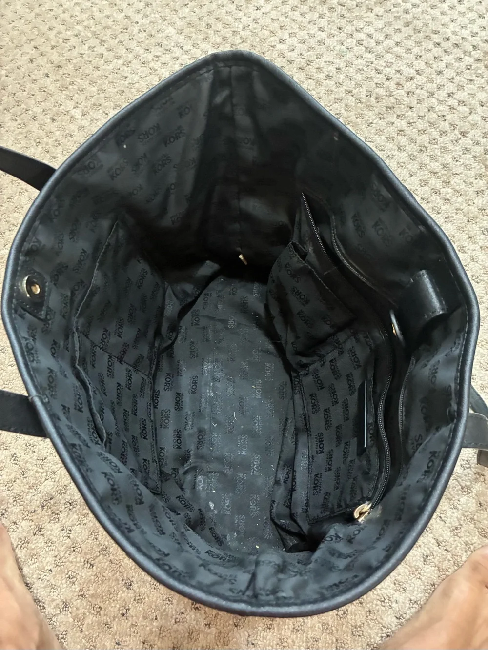 Michael Kors Black Leather Tote with Gold MK Emblem